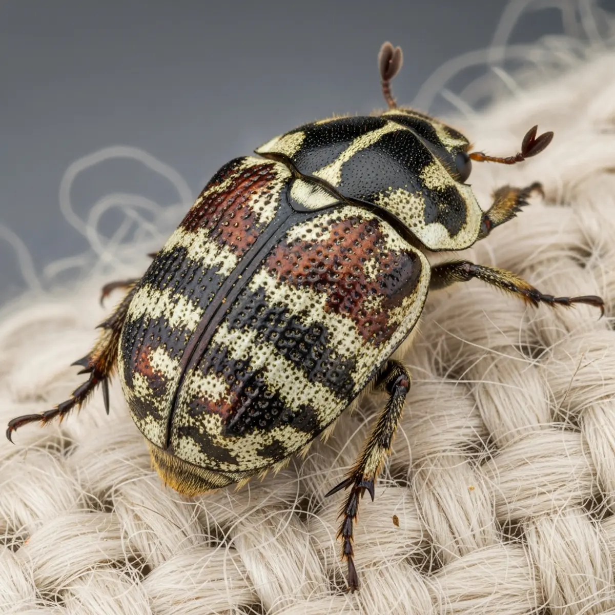 Anthrène adulte photographié en macro sur un textile en laine - identification des nuisibles textiles