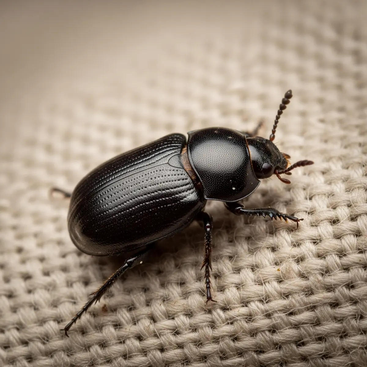 Anthrène noir adulte photographié en macro sur textile en laine d'archive professionnelle