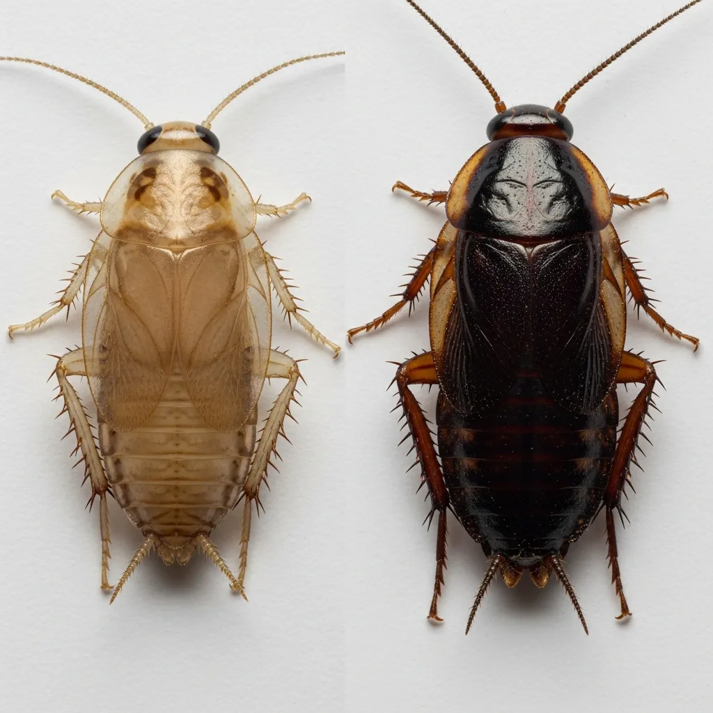 Comparaison entre un bébé cafard germanique clair et un bébé cafard oriental foncé