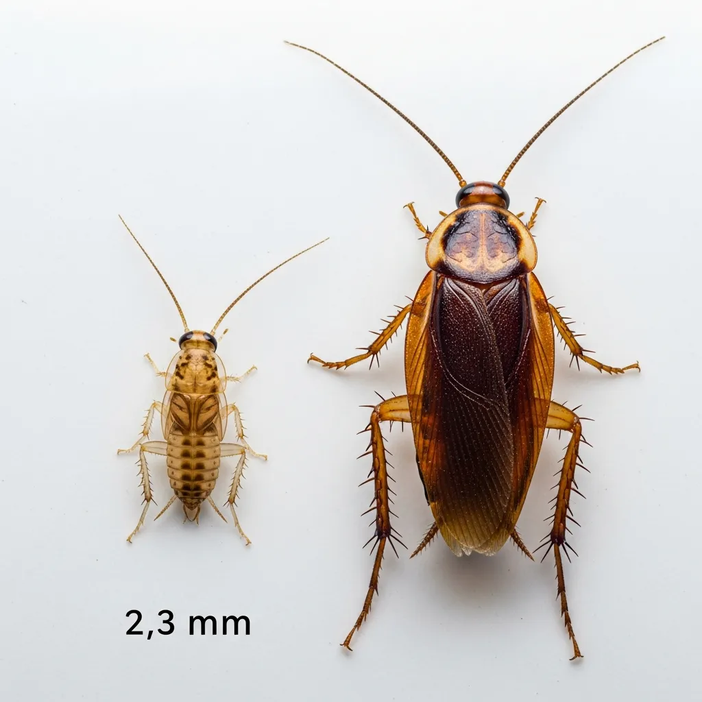 Bébé cafard nymphe à côté d'un cafard adulte — comparaison de taille sur surface blanche