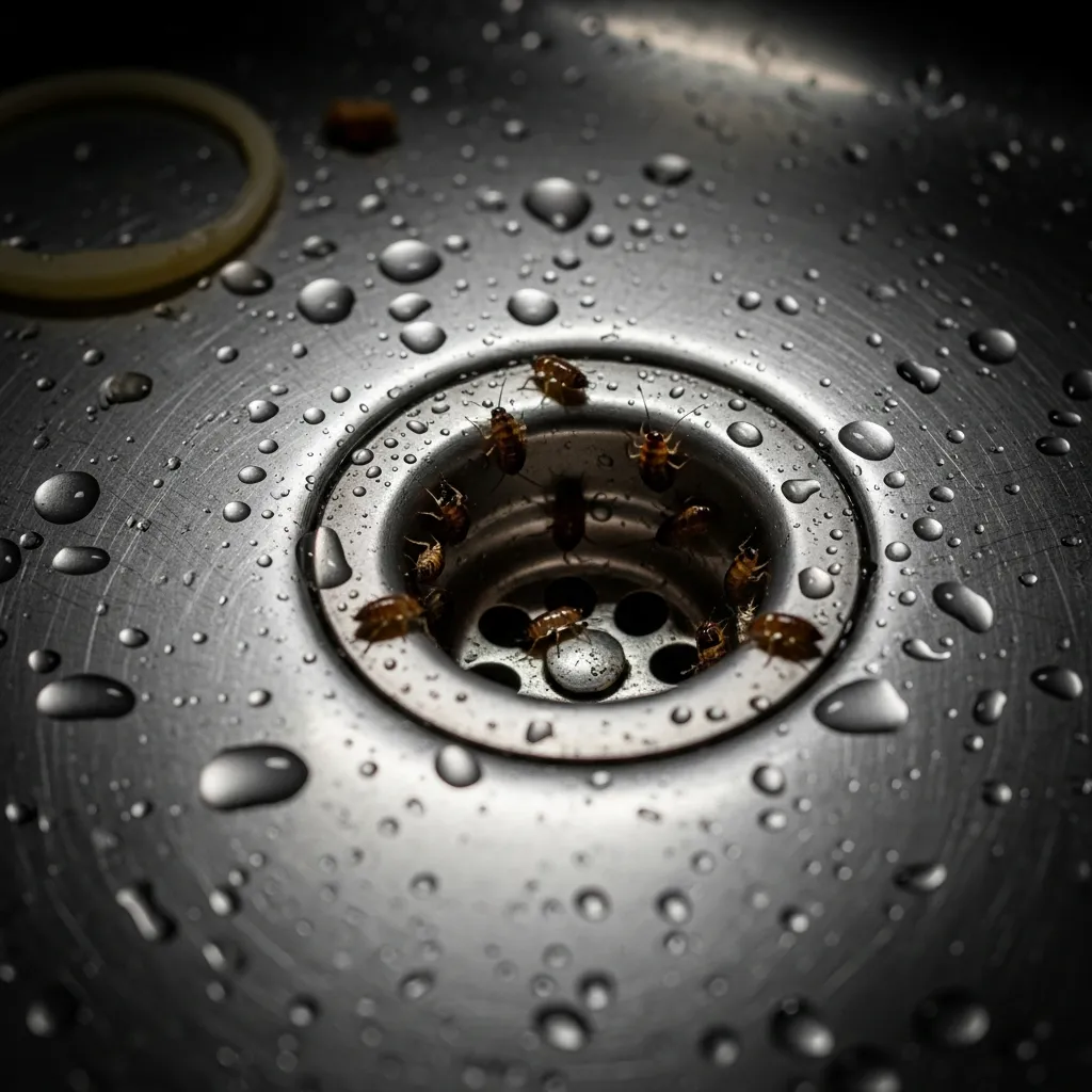 Bébés cafards regroupés près de la bonde d'un évier de cuisine la nuit