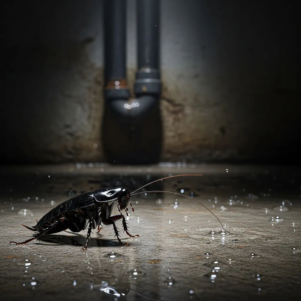 Cafard noir oriental (Blatta orientalis) sur un sol de cave humide