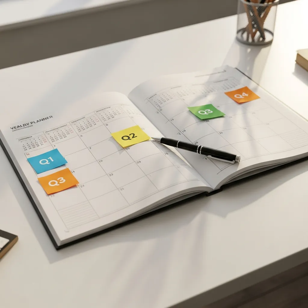 Planner annuel de prévention nuisibles ouvert sur un bureau avec notes par trimestre