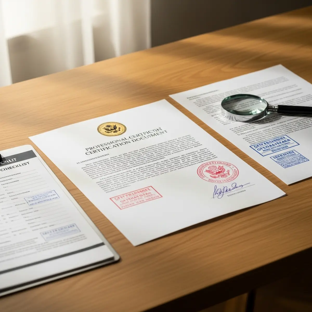 Documents de certification Certibiocide et fiches de sécurité sur un bureau professionnel pour vérification prestataire 3D