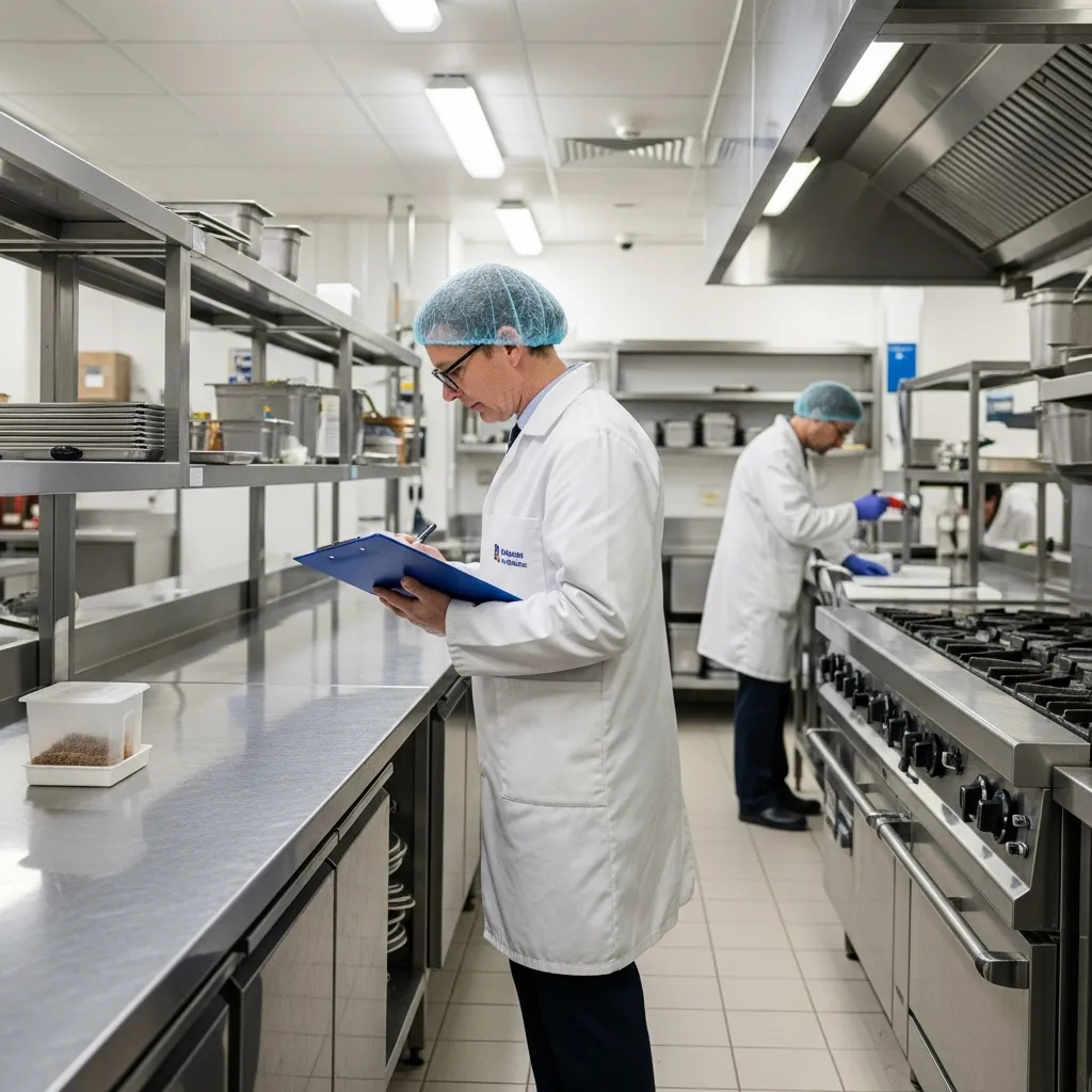 Inspecteur sanitaire avec clipboard vérifiant la conformité dans une cuisine professionnelle