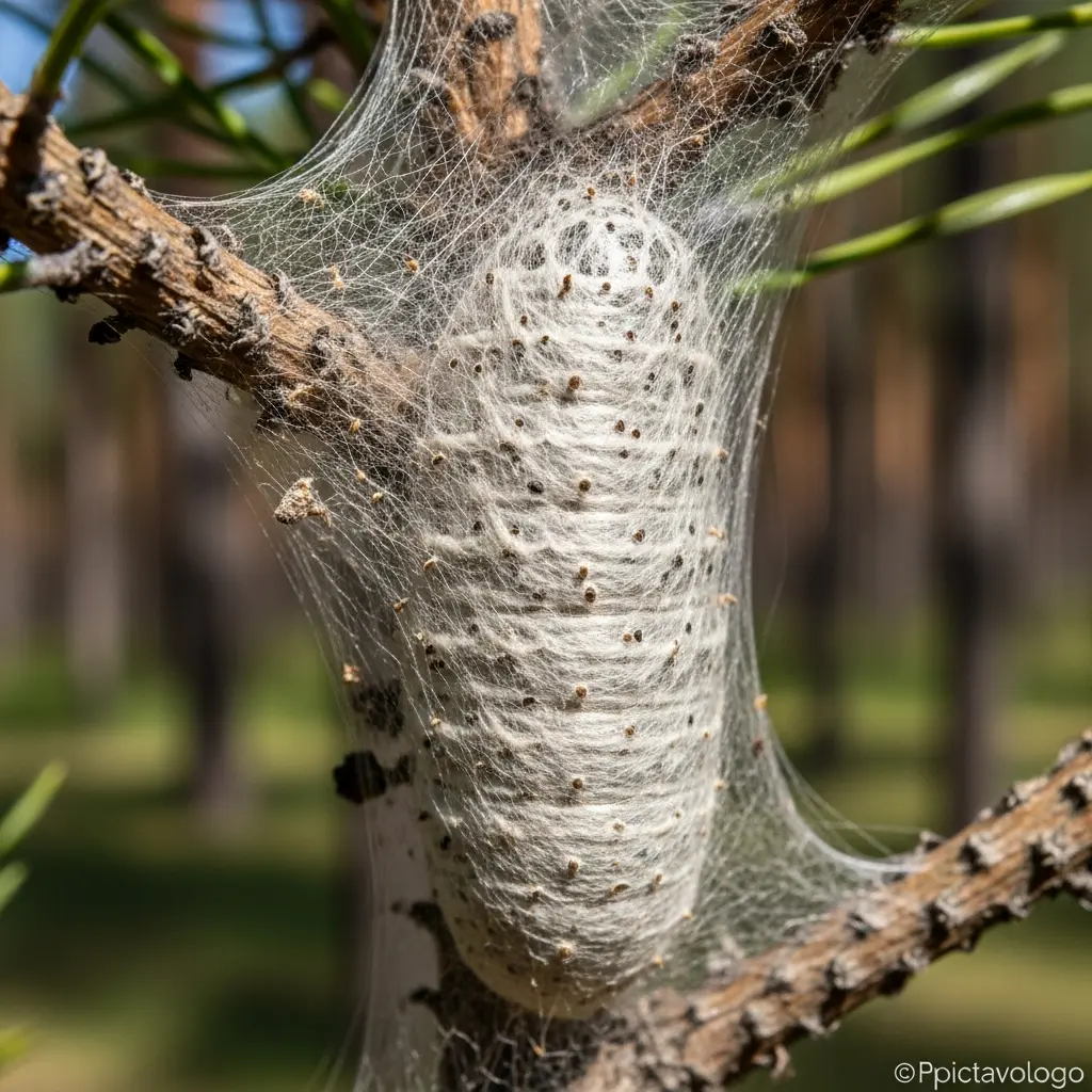 Nid de chenilles processionnaires dans un pin, cocon soyeux blanc visible sur les branches