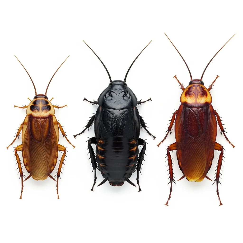 Comparaison des trois espèces de cafards : germanique, oriental et américain côte à côte