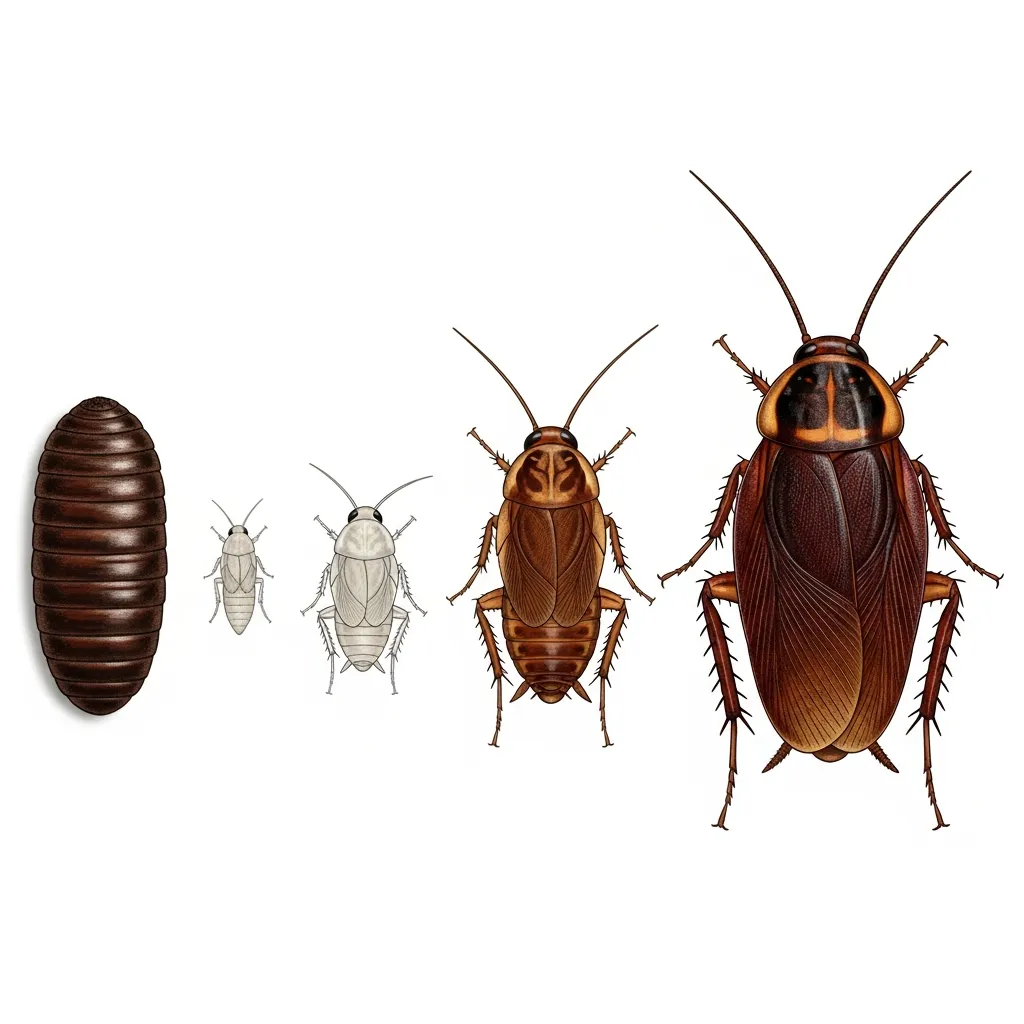 Cycle de vie complet du cafard : oothèque, nymphes de différents stades et adulte ailé