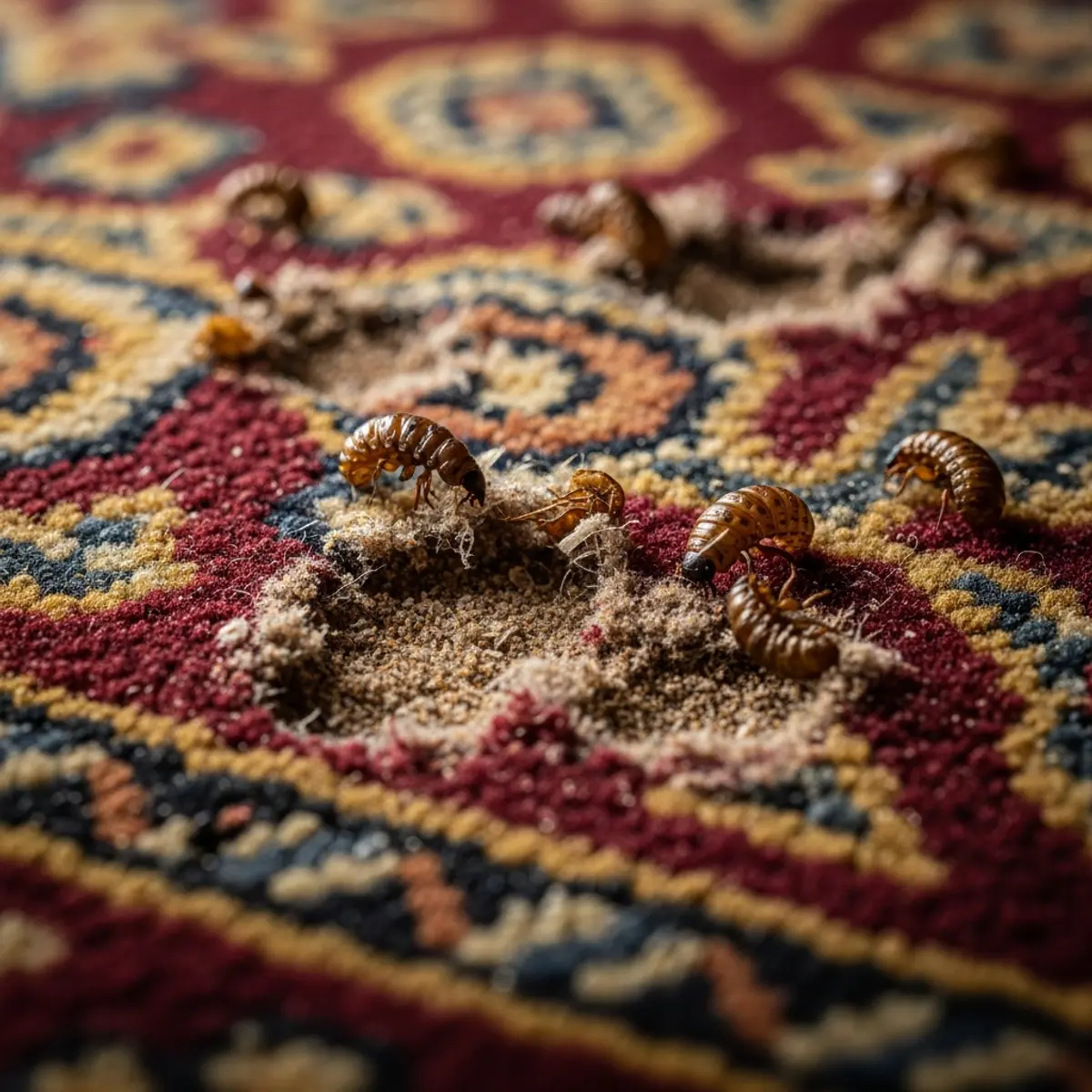Larves d'anthrène des tapis dégradant les fibres en laine d'un tapis oriental d'hôtel, avec frass et trous caractéristiques