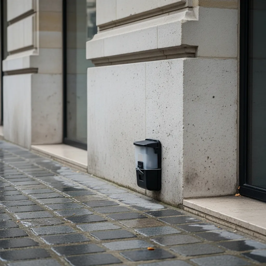 Poste d'appâtage sécurisé pour rongeurs installé le long d'un mur d'immeuble parisien