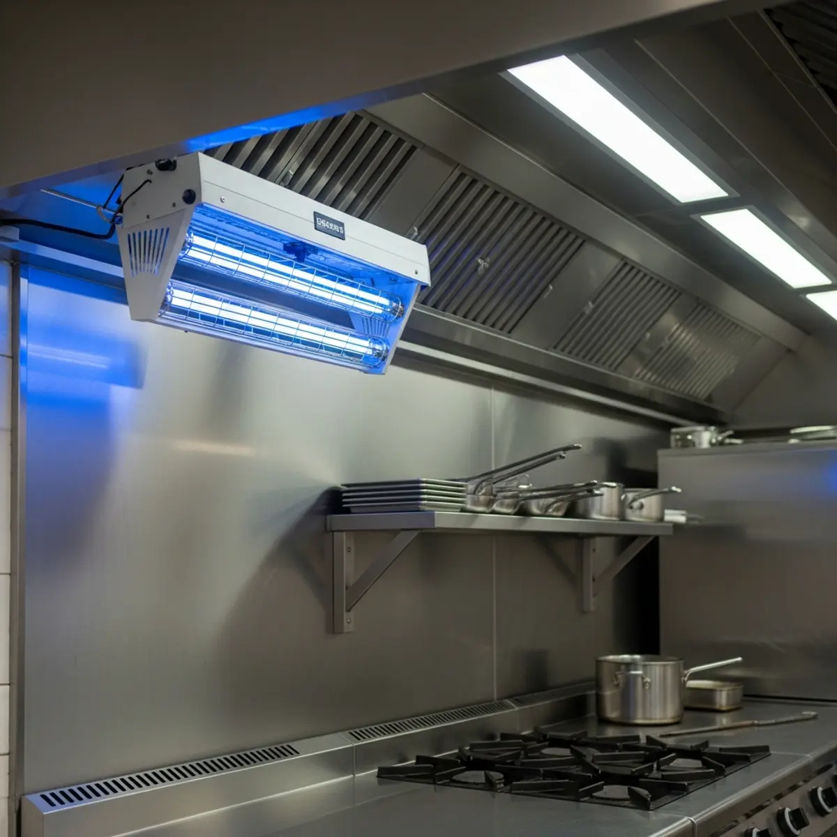 Destructeur UV professionnel fixé au mur d'une cuisine CHR conforme HACCP