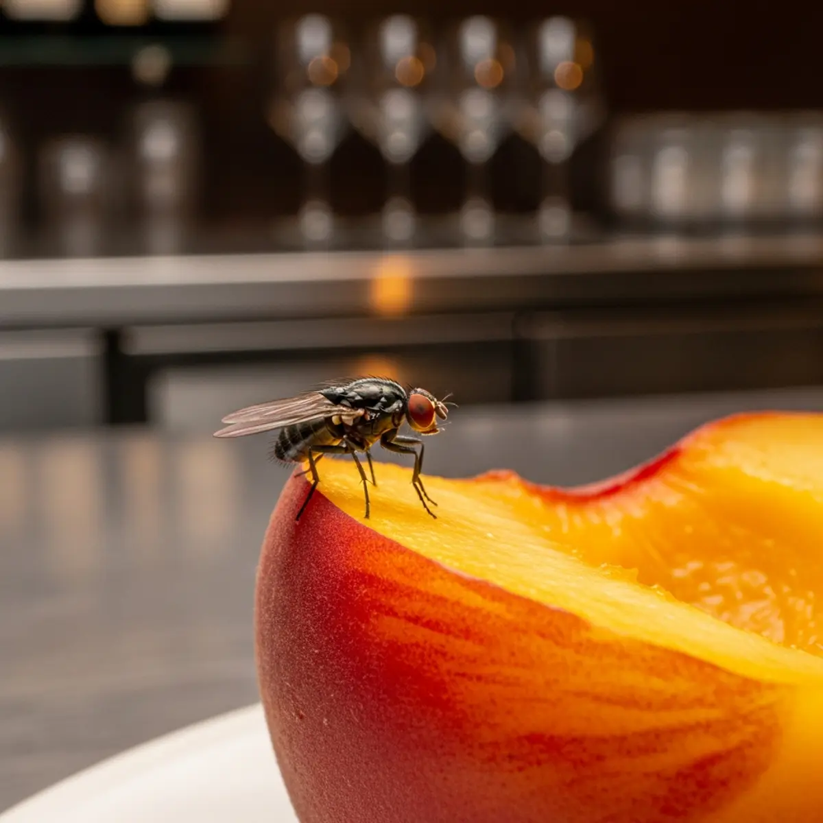 Drosophila melanogaster posee sur le rebord d'un fut de biere derriere un bar de restaurant professionnel francilien