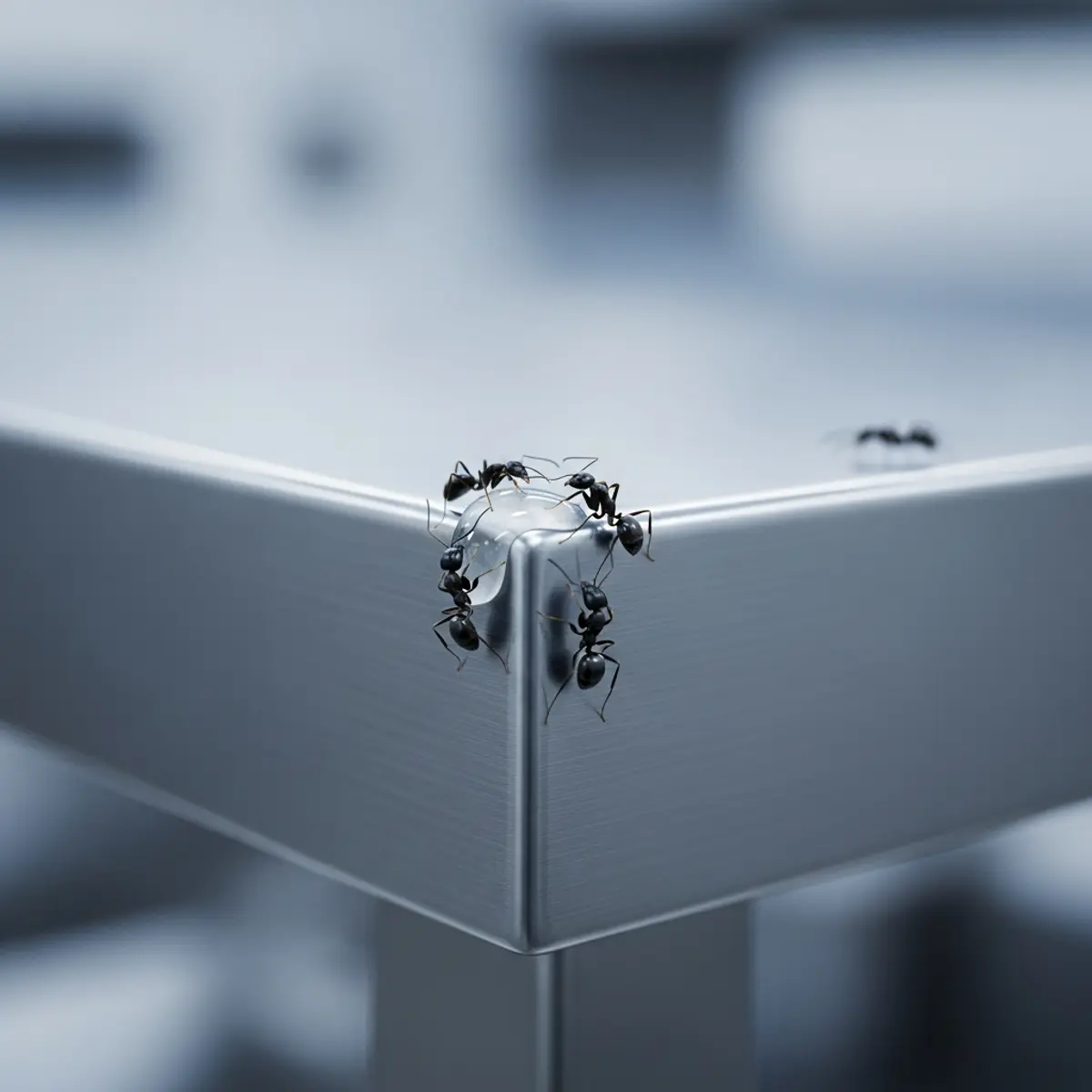 Application d'un gel anti-fourmis homologué alimentaire TP18 sur une étagère inox de restaurant