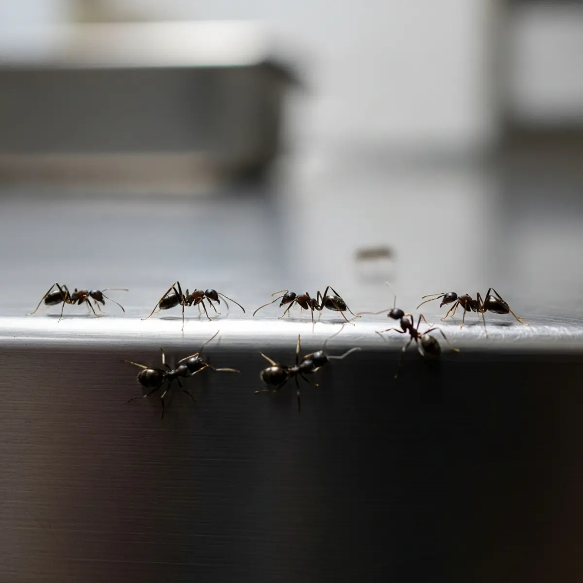 Piste de fourmis ouvrières Lasius niger sur un plan de travail inox en cuisine de restaurant professionnel