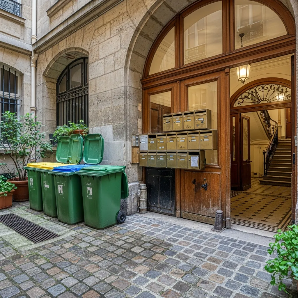 Cour intérieure d'un immeuble parisien avec local poubelles et boîtes aux lettres