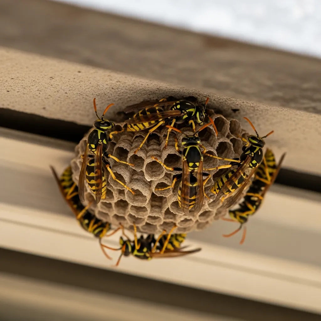 Nid de guêpes sous un auvent de bâtiment commercial avec guêpes visibles