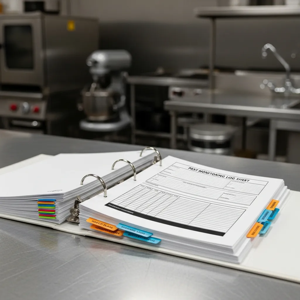 Classeur de documentation HACCP ouvert sur un plan de travail en inox de cuisine professionnelle