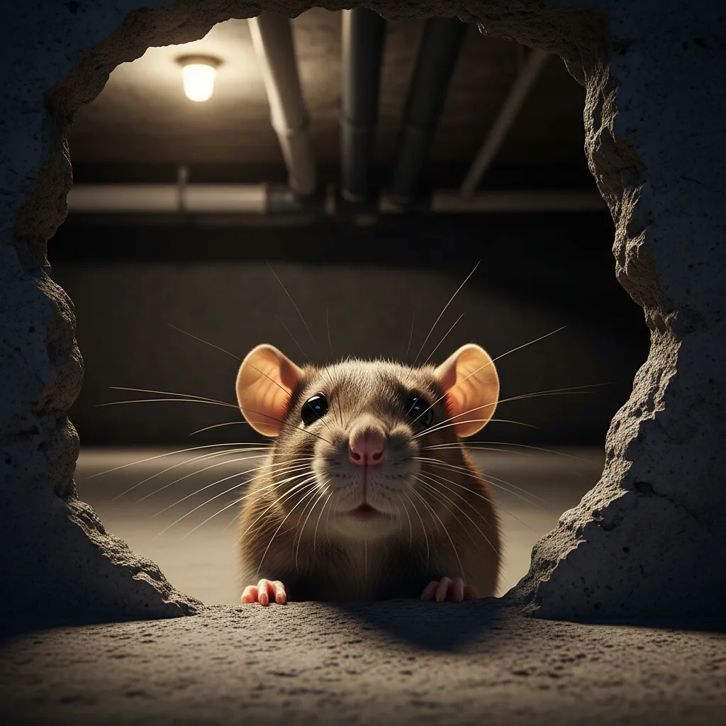 Rat brun émergeant d'une ouverture dans un mur de sous-sol de bâtiment professionnel