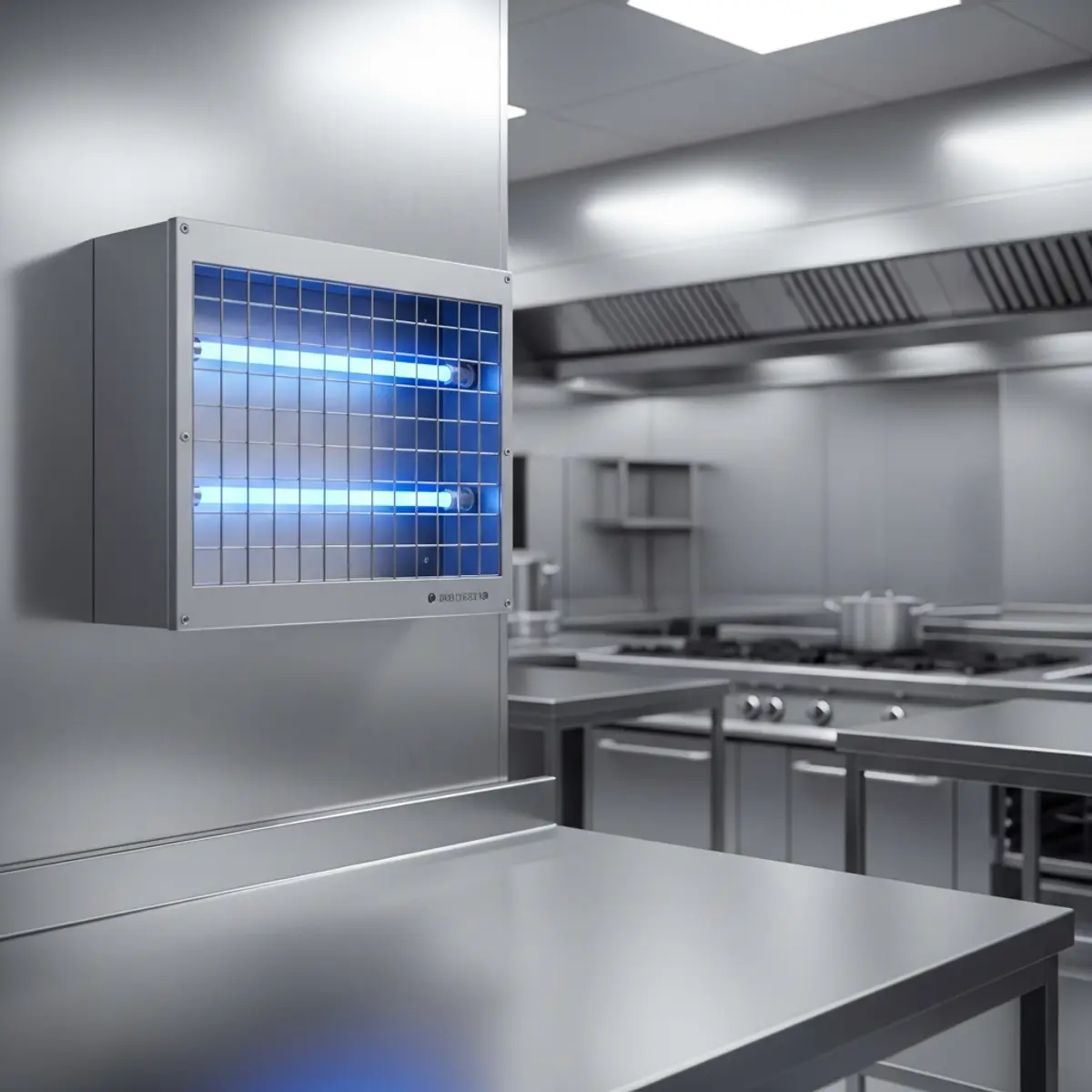 Destructeur UV professionnel mural dans une cuisine CHR en inox conforme aux exigences HACCP