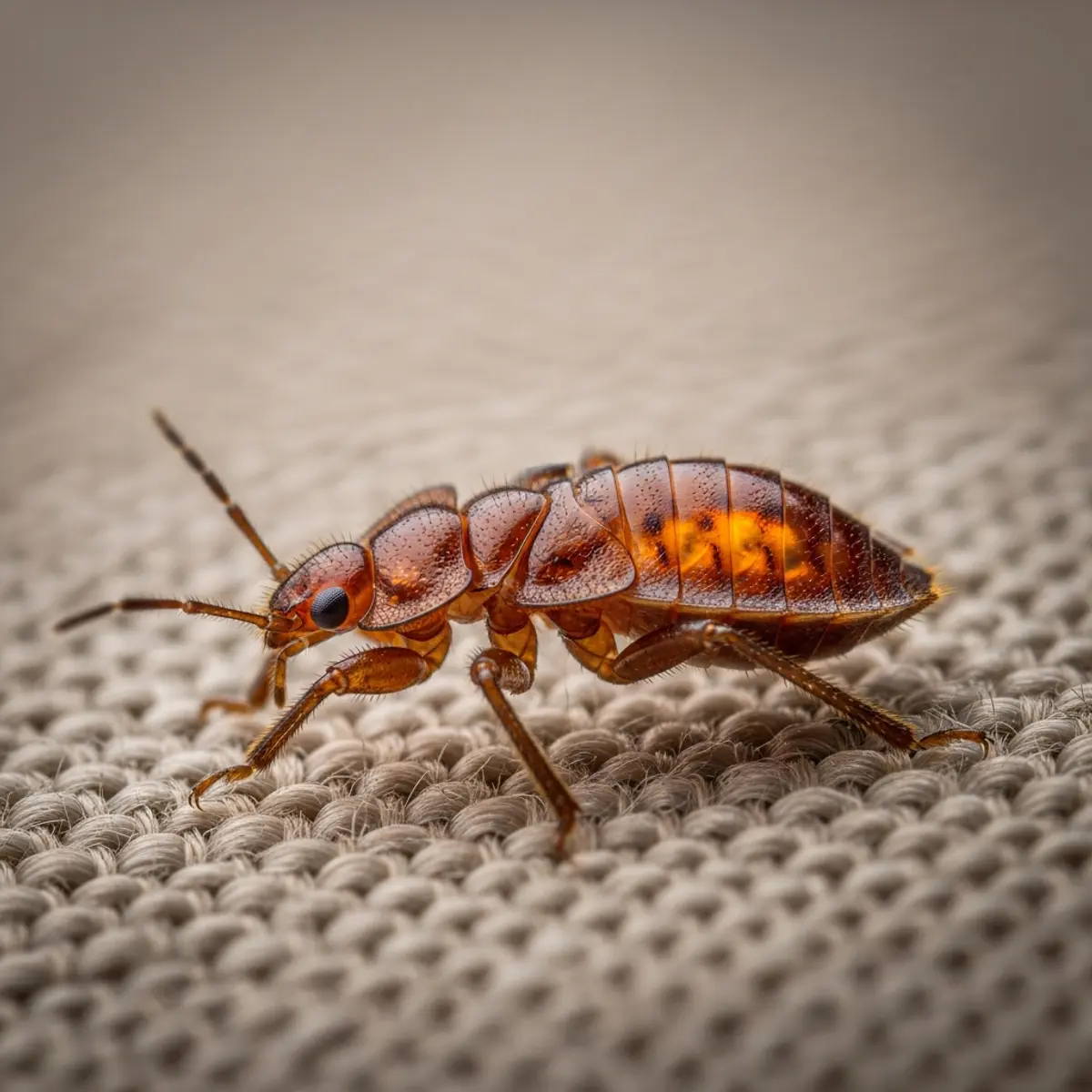 Nymphe de punaise de lit sur tissu de matelas, gros plan montrant la forme ovale aplatie caracteristique