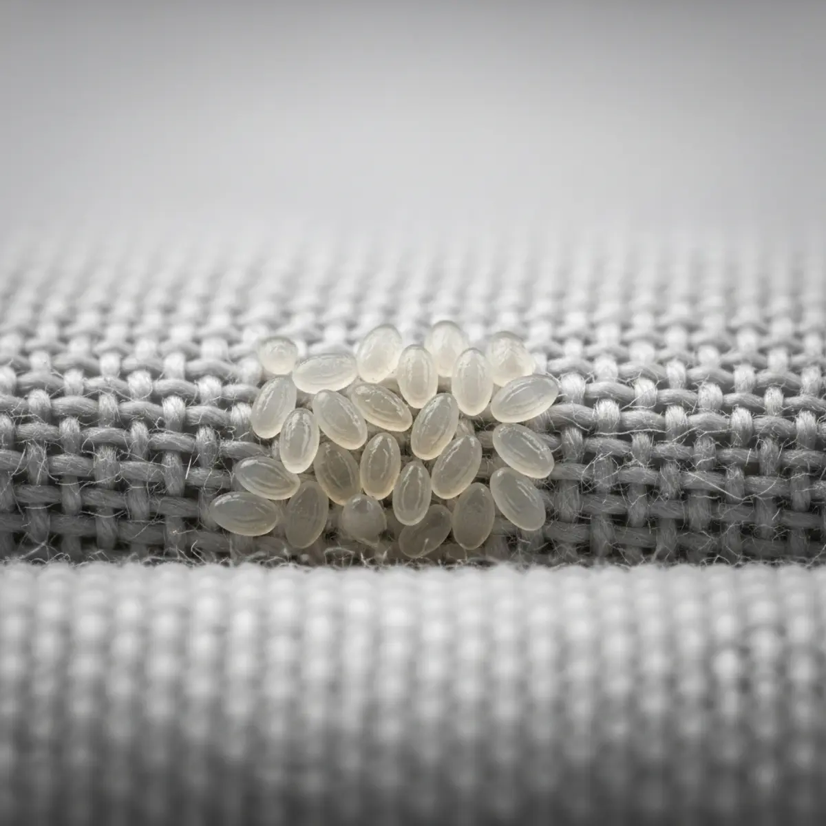 Oeufs de punaises de lit blancs nacrés visibles sur la couture d'un matelas