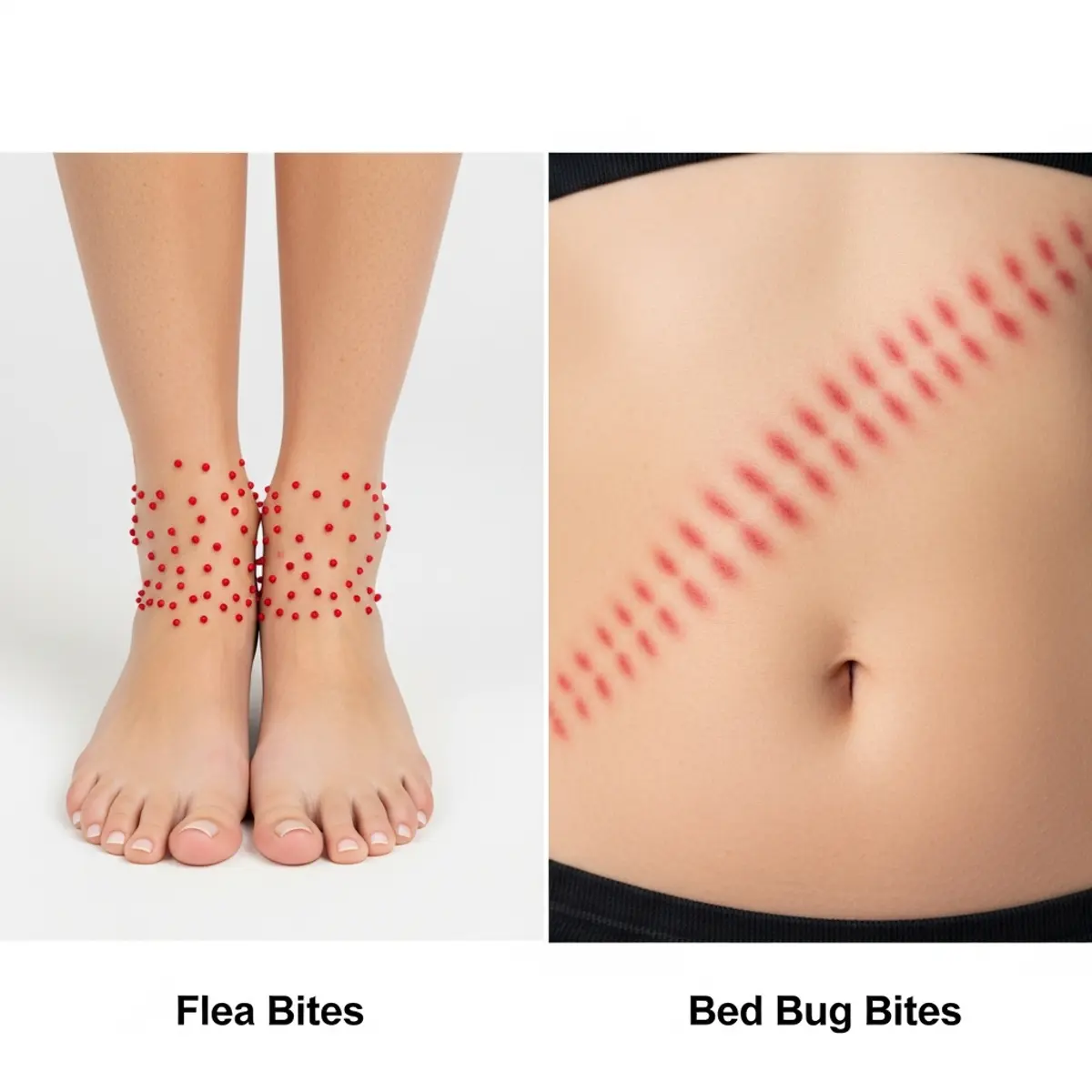 Comparaison visuelle entre piqûres de puces sur chevilles et piqûres de punaises de lit sur torse
