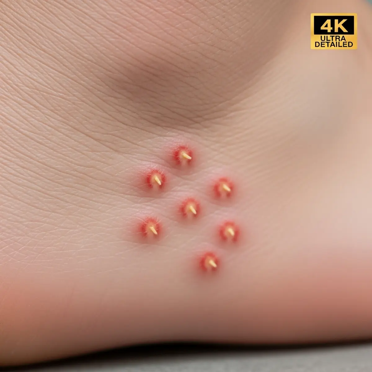 Macro de piqûres de puces groupées sur la cheville : boutons rouges caractéristiques avec point de ponction central