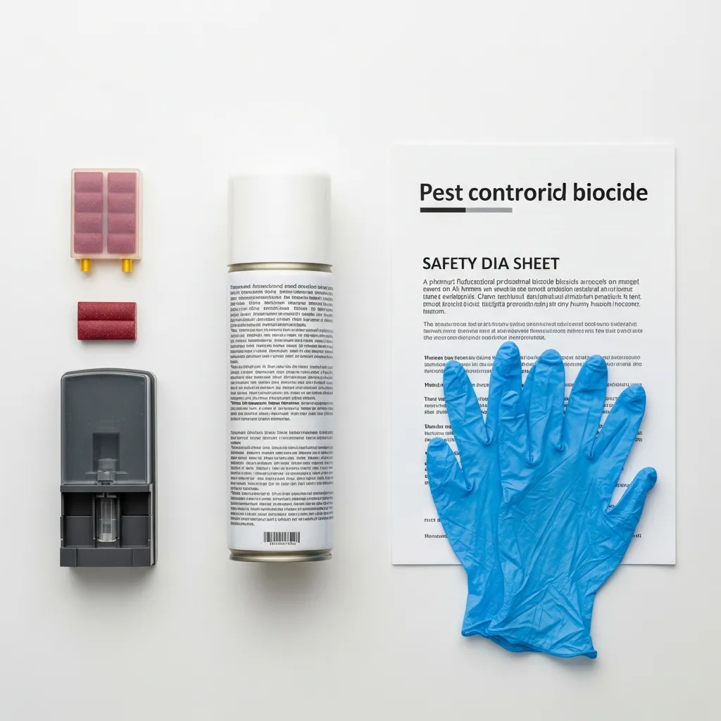Produits biocides professionnels disposés sur une surface blanche : gel, spray, poste d'appâtage et fiche de sécurité