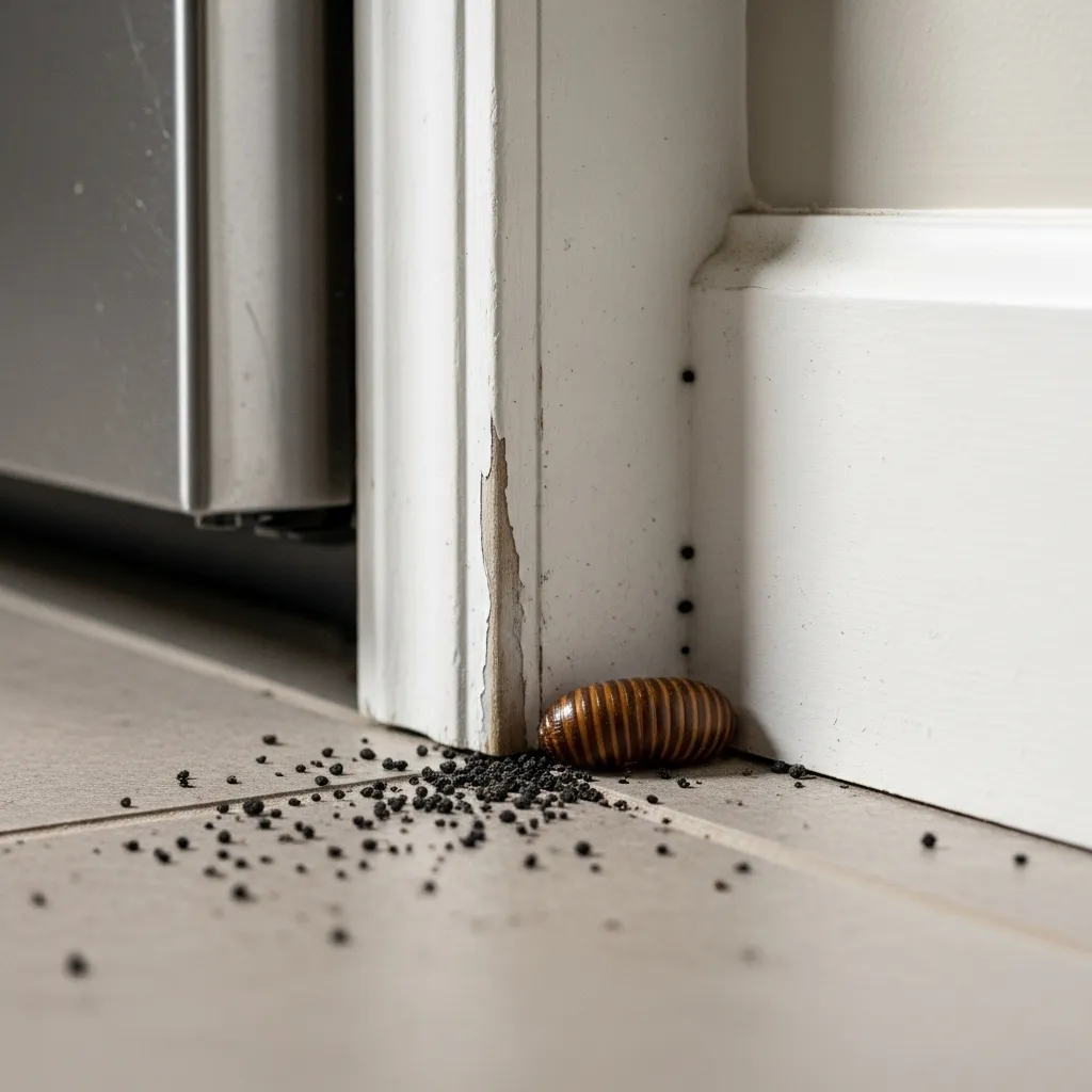 Crottes de cafards et oothèque le long d'une plinthe de cuisine — signes d'infestation