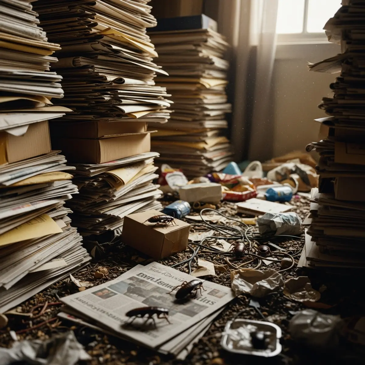 Palier de copropriete avec porte d'un logement encombre affecte par un syndrome de Diogene, traces de passage de nuisibles