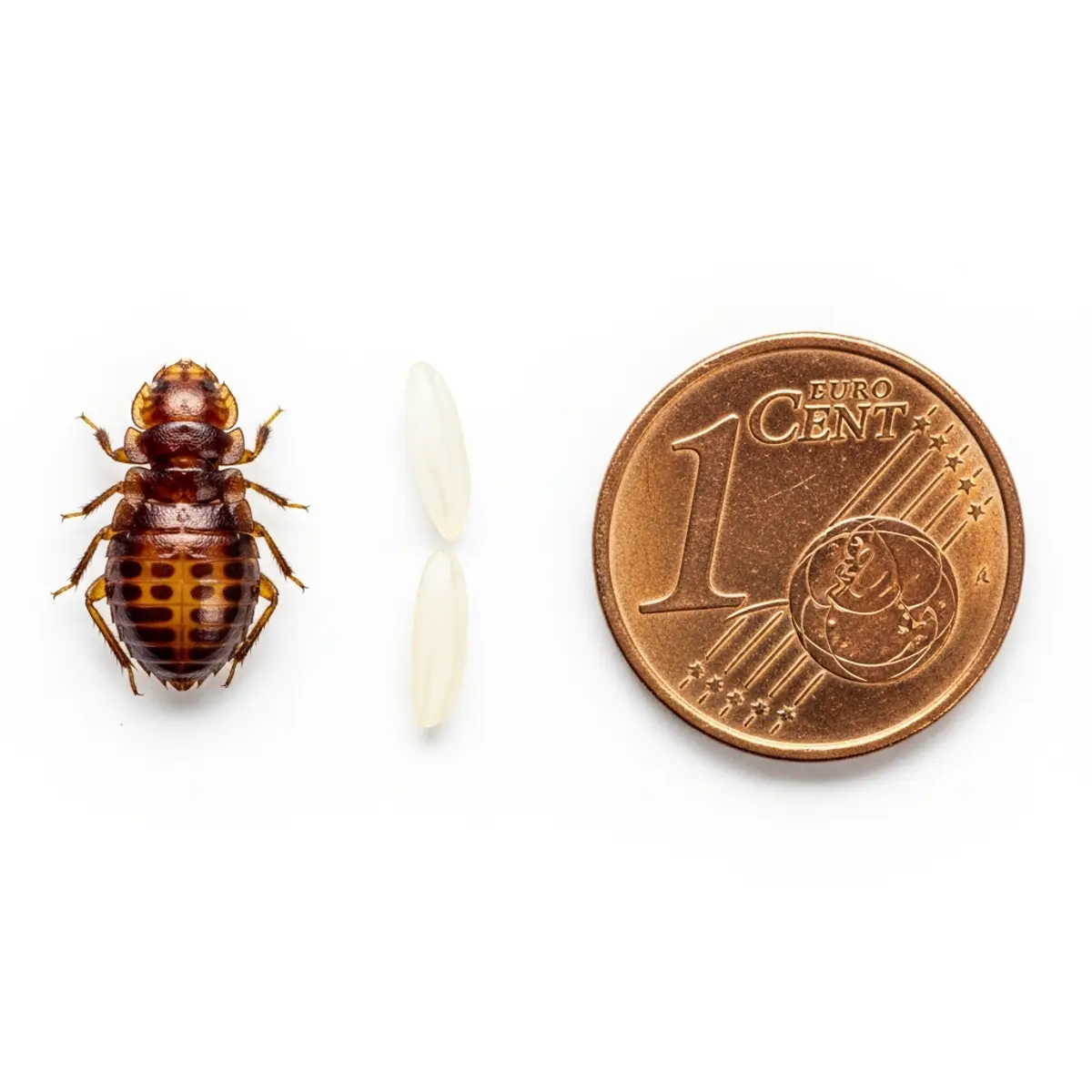Comparaison de la taille des oeufs de punaises de lit avec une pièce de monnaie
