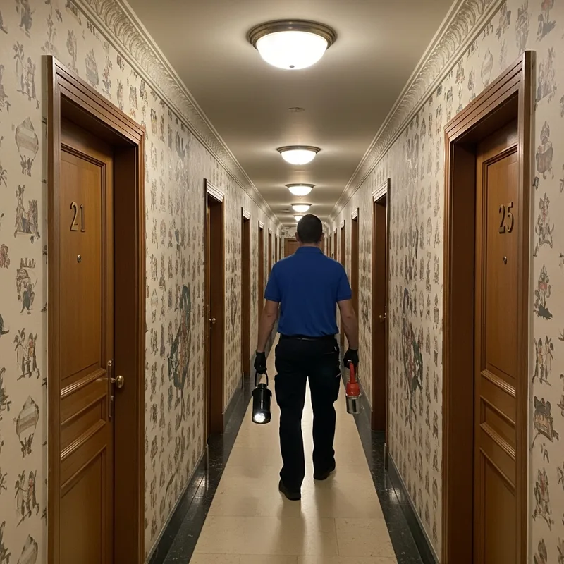 Technicien Entoma Solutions inspectant un couloir d'hôtel avec lampe torche et équipement professionnel
