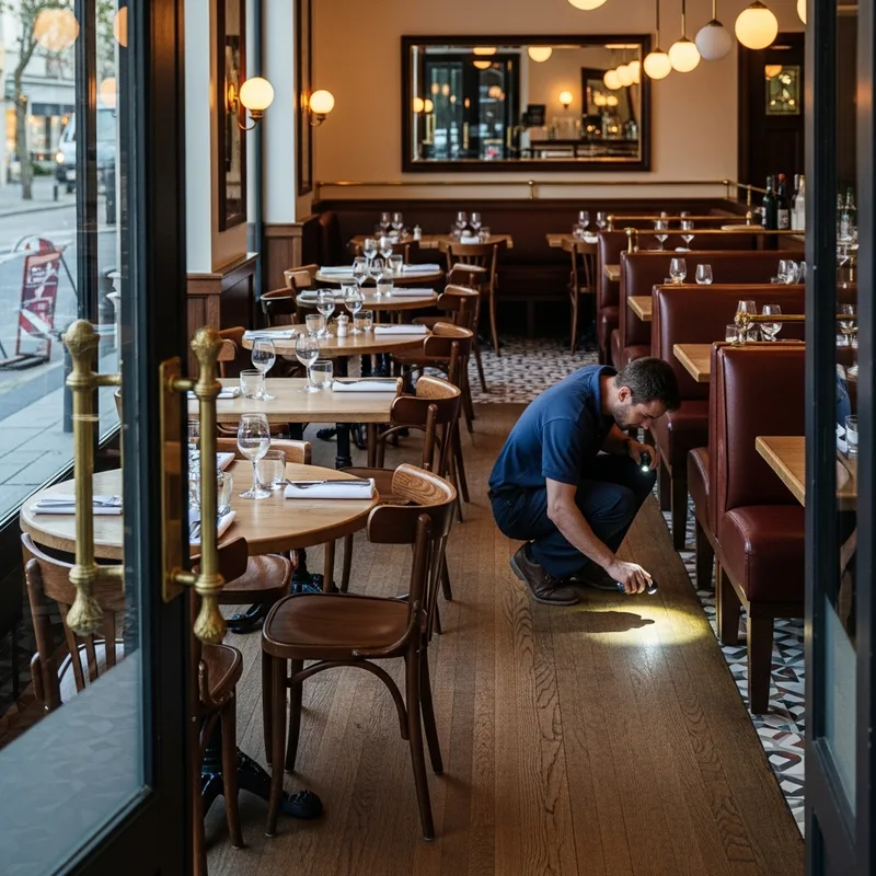 Technicien Entoma Solutions inspectant le sol d'un restaurant parisien avec une lampe torche